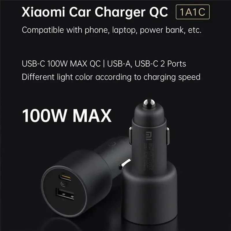 Xiaomi Mi 1A1C 100W 5A Car Charger USB C Dual Port PD QC 3.0 Fast Charging