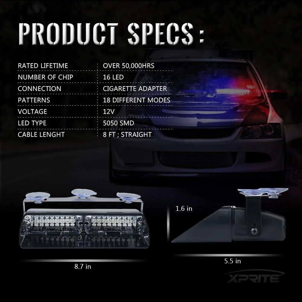 Xprite Amber White LED Emergency Dash Strobe Light, Interior Windshield Safety Warning Traffic Lights w/Suction Cups, 12V Windshield Visor Light Bar for Construction Trucks Plows Postal Security Cars