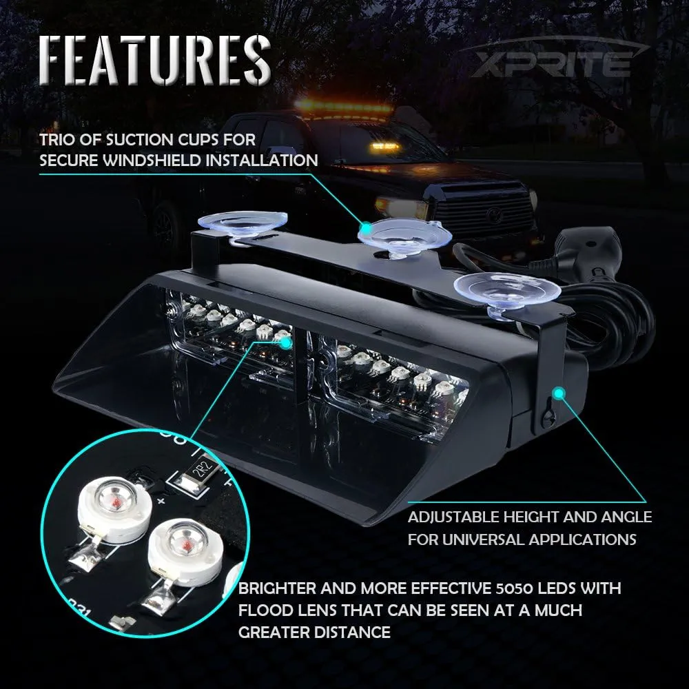 Xprite Amber White LED Emergency Dash Strobe Light, Interior Windshield Safety Warning Traffic Lights w/Suction Cups, 12V Windshield Visor Light Bar for Construction Trucks Plows Postal Security Cars