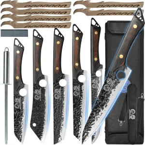 XYJ FULL TANG Camping Kitchen Knives Set With Knife Holder&Chef's Bag&Sharpener Rod 7 7.5 8 9 Inch Slicing Knife For Meat Vegetable Knives Block Sets (Small Texture)