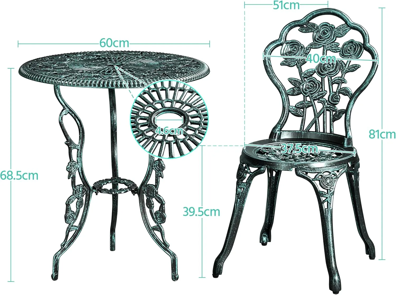 Yaheetech 3-Piece Outdoor Bistro Set w/Rose Design, Rust-Resistant Cast Aluminum Table and Chairs w/Umbrella Hole for Balcony Backyard Garden - Green