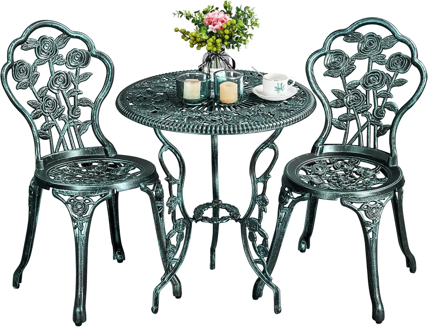 Yaheetech 3-Piece Outdoor Bistro Set w/Rose Design, Rust-Resistant Cast Aluminum Table and Chairs w/Umbrella Hole for Balcony Backyard Garden - Green