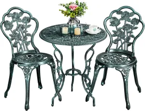 Yaheetech 3-Piece Outdoor Bistro Set w/Rose Design, Rust-Resistant Cast Aluminum Table and Chairs w/Umbrella Hole for Balcony Backyard Garden - Green