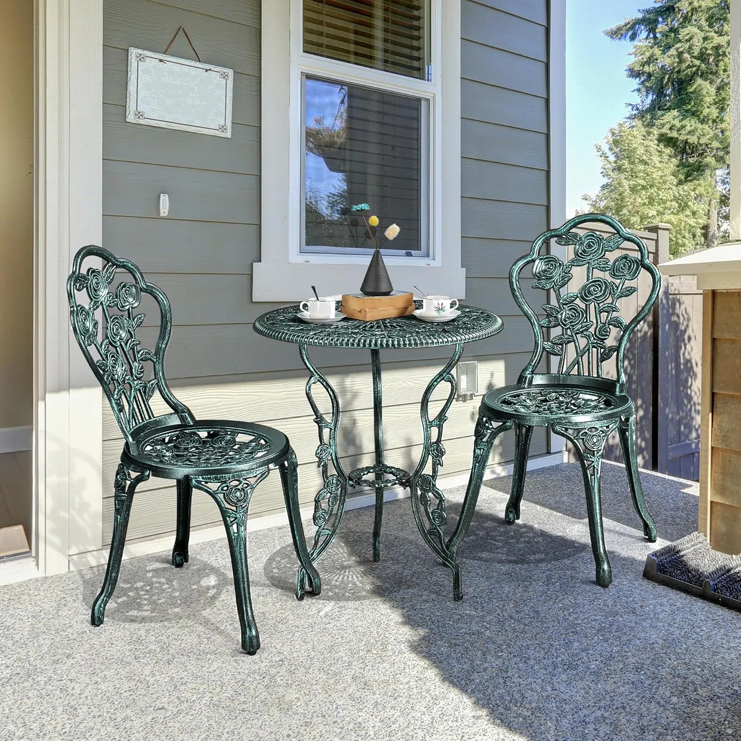 Yaheetech 3-Piece Outdoor Bistro Set w/Rose Design, Rust-Resistant Cast Aluminum Table and Chairs w/Umbrella Hole for Balcony Backyard Garden - Green