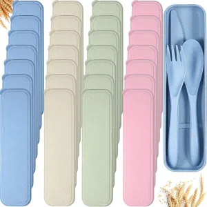 Yahenda 28 Sets Reusable Travel Utensils Set with Case Wheat Straw Cutlery Portable Spoon Knife Fork Tableware Lunch Box Accessories Bulk for Adults Travel Picnic Camping Utensils Gifts(Pastel Color)