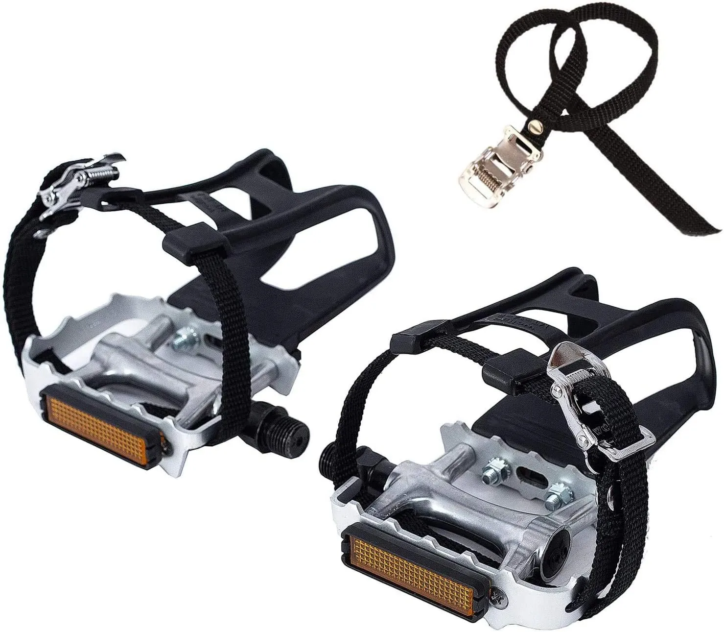 YBEKI All-Terrain Bike Pedals with Toe Clips & Adjustable Straps Dual-Purpose Resin/Alloy Bicycle Pedals 9/16" Spindle - Indoor/Outdoor Use for Exercise/Spin/Road Bikes MTB