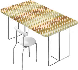 Yellow White Elastic Fitted Tablecloth Retro Abstract Stripe of Triangles Geometry Dining Room Table- Machine Washable Table Cover Protector Coral Fits up 5 Foot Tables