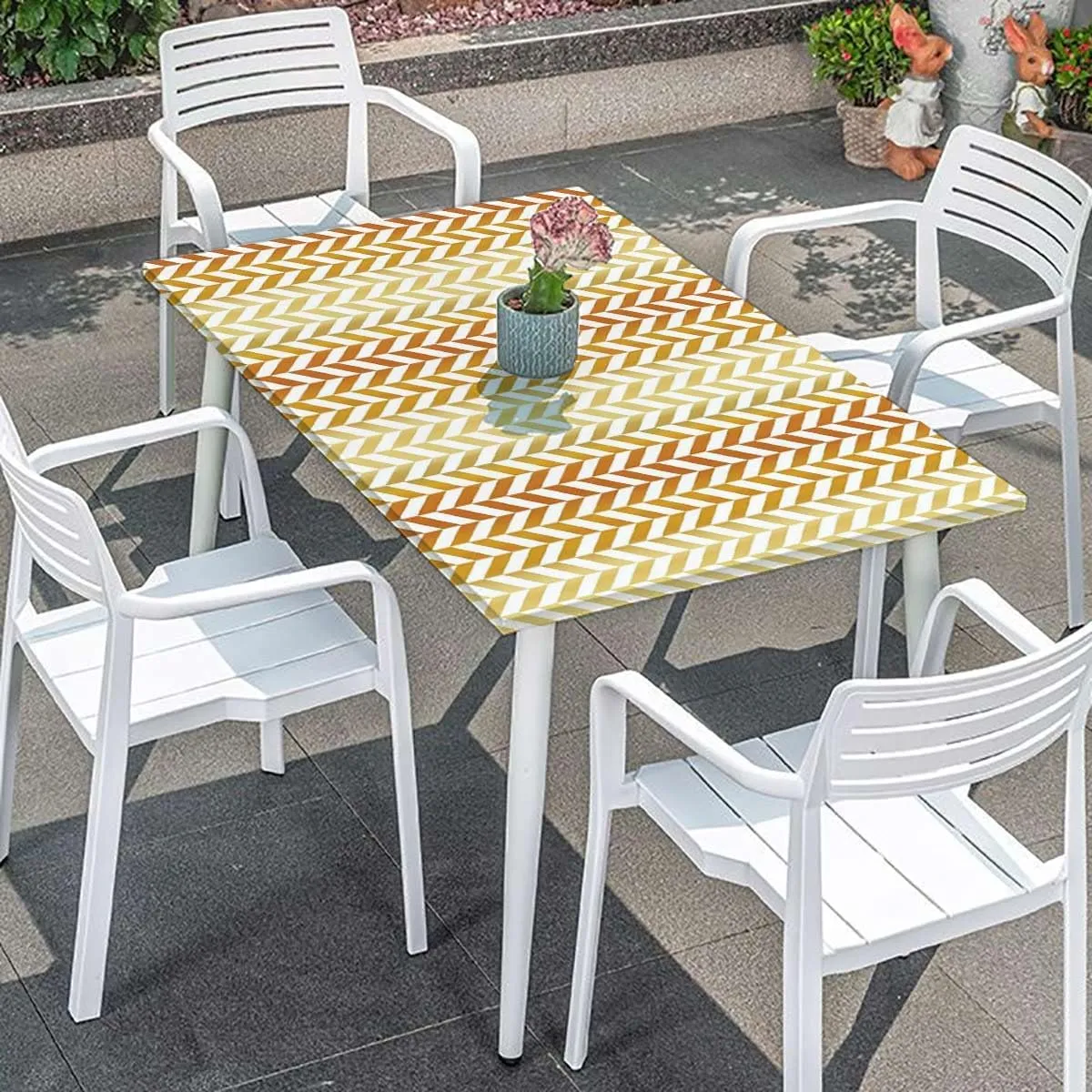 Yellow White Elastic Fitted Tablecloth Retro Abstract Stripe of Triangles Geometry Dining Room Table- Machine Washable Table Cover Protector Coral Fits up 5 Foot Tables