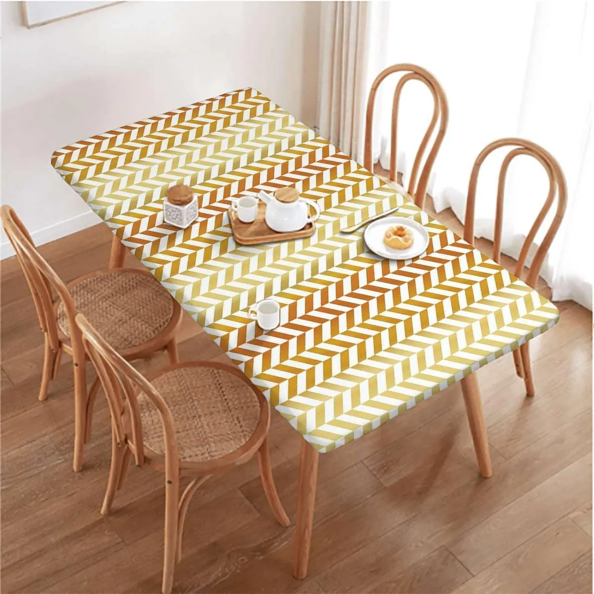 Yellow White Elastic Fitted Tablecloth Retro Abstract Stripe of Triangles Geometry Dining Room Table- Machine Washable Table Cover Protector Coral Fits up 5 Foot Tables