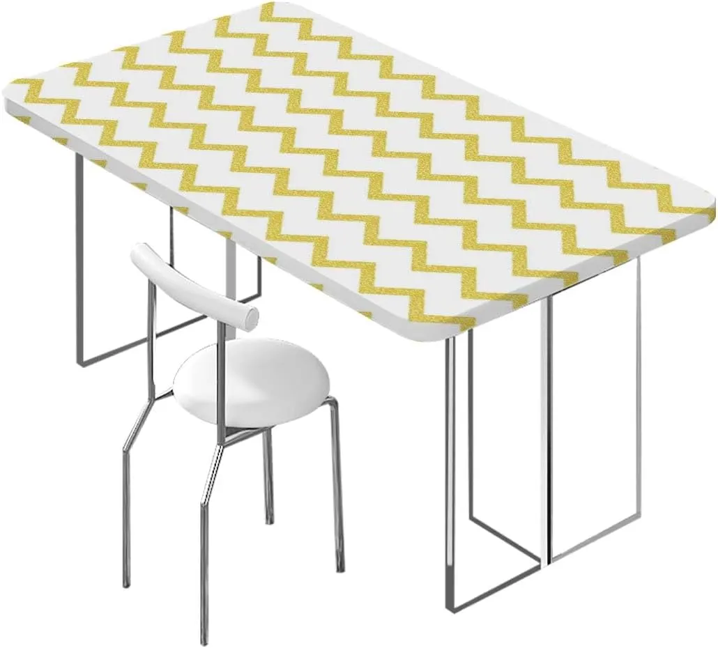 Yellow White Elastic Tablecloth Horizontal Zigzag Pattern Indoor or Outdoor Fitted Table Covers for Banquet Tables Abstract Fits up 4 Foot Tables