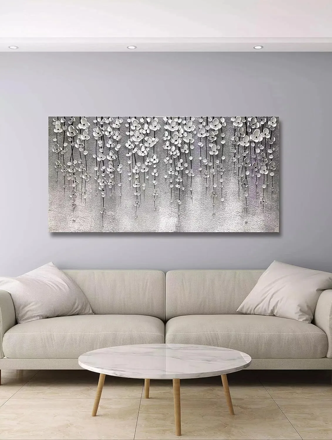 Yika Art 3D Paintings 30X60 Inch Modern Abstract Oil Painting Hand Painted On Canvas Abstract Artwork Picture Wall Decoration for living room - Silver Flower Wall Art (Gery)