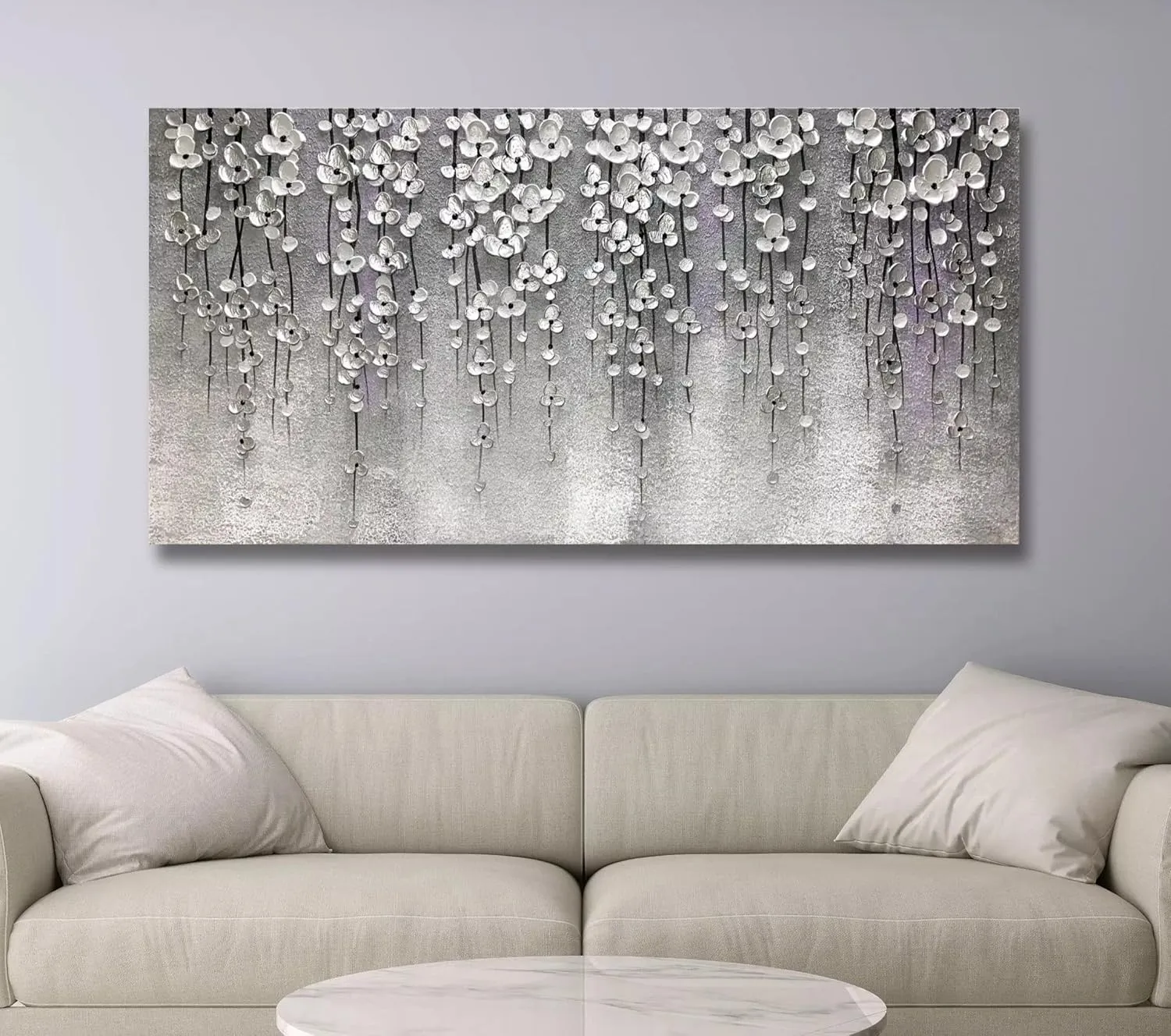 Yika Art 3D Paintings 30X60 Inch Modern Abstract Oil Painting Hand Painted On Canvas Abstract Artwork Picture Wall Decoration for living room - Silver Flower Wall Art (Gery)