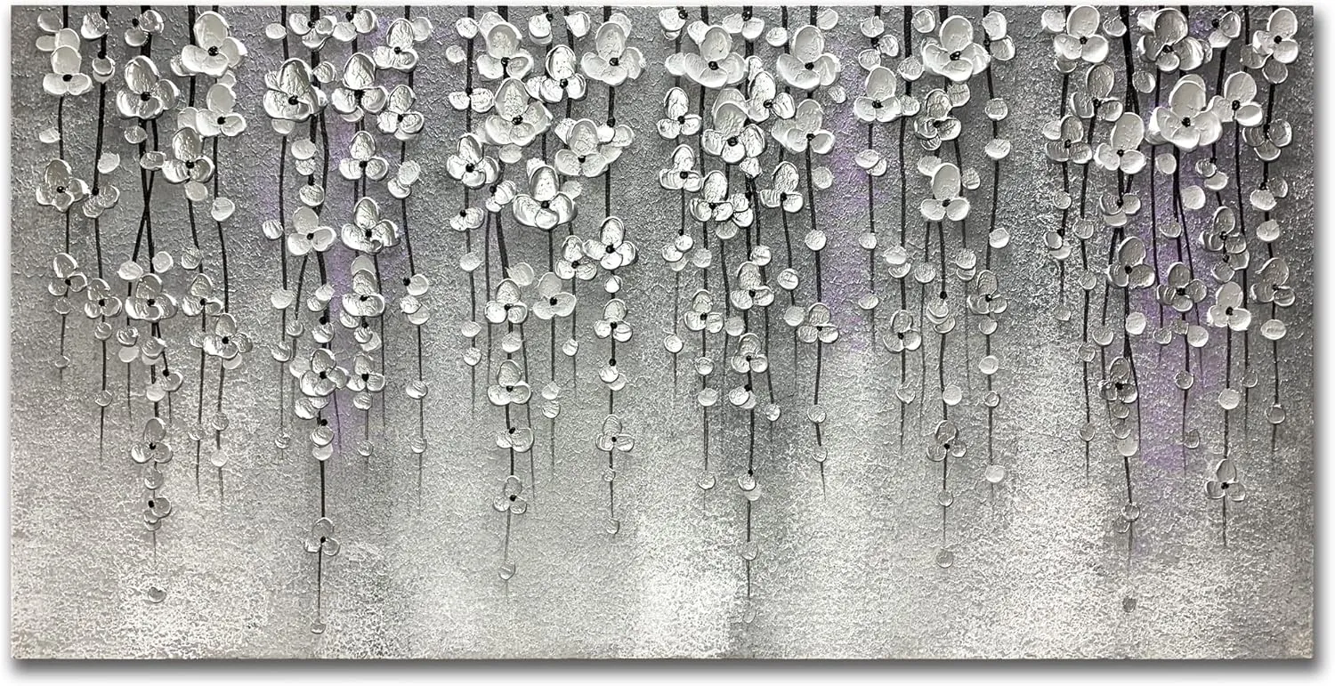 Yika Art 3D Paintings 30X60 Inch Modern Abstract Oil Painting Hand Painted On Canvas Abstract Artwork Picture Wall Decoration for living room - Silver Flower Wall Art (Gery)