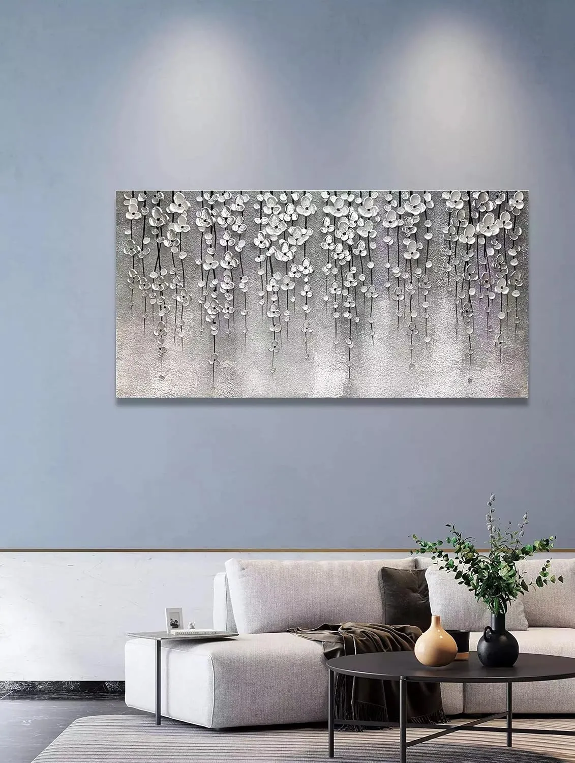 Yika Art 3D Paintings 30X60 Inch Modern Abstract Oil Painting Hand Painted On Canvas Abstract Artwork Picture Wall Decoration for living room - Silver Flower Wall Art (Gery)