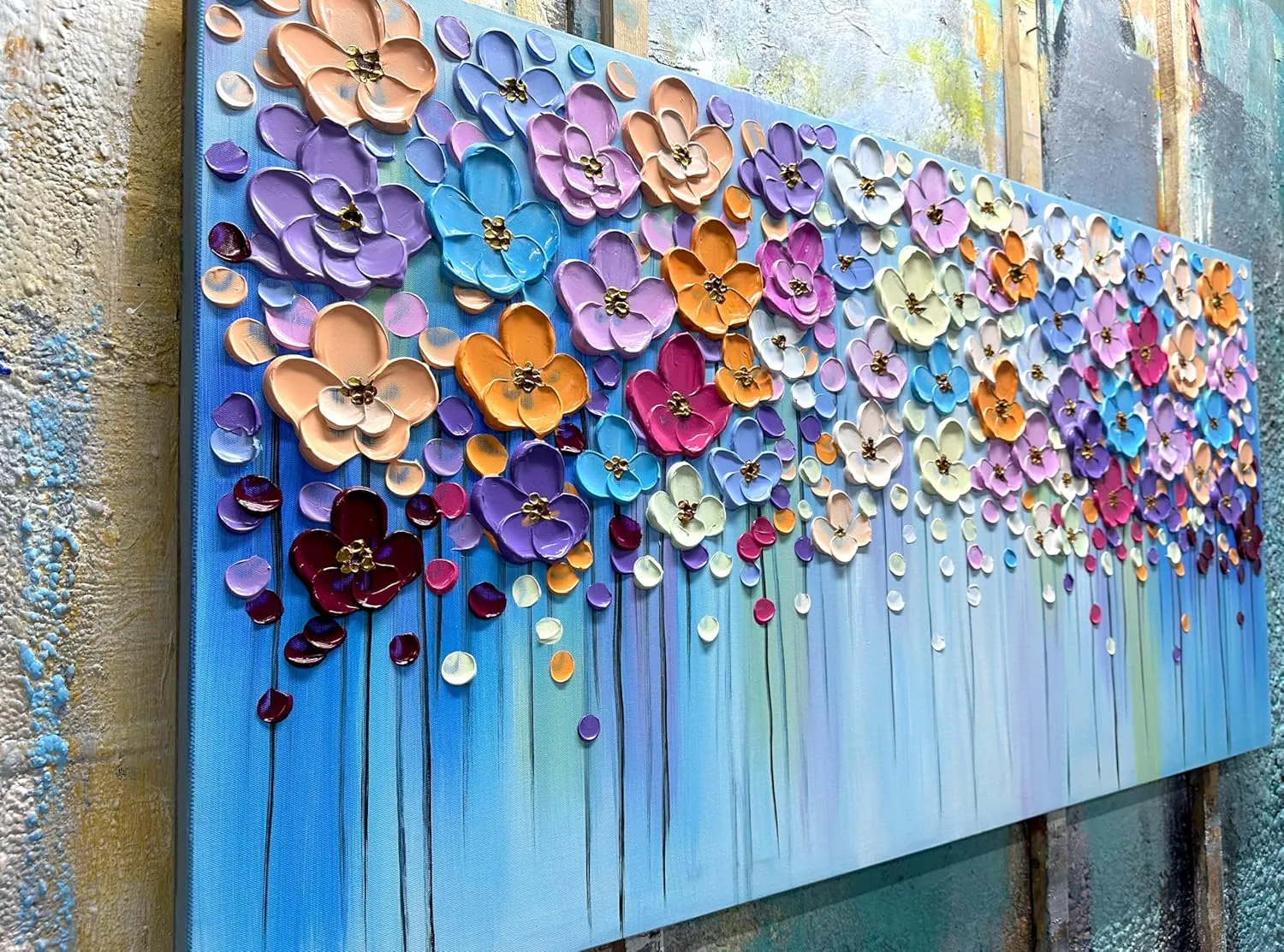 Yika Art 3D Paintings, Modern Abstract Oil Painting Hand Painted On Canvas Abstract Artwork Picture Wall Decoration for living room - Gorgeous Flowers Wall Art-24X48 Inch