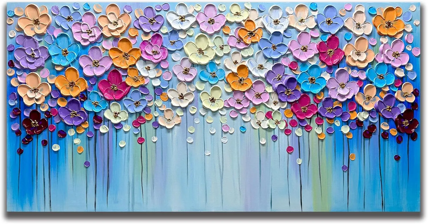 Yika Art 3D Paintings, Modern Abstract Oil Painting Hand Painted On Canvas Abstract Artwork Picture Wall Decoration for living room - Gorgeous Flowers Wall Art-24X48 Inch