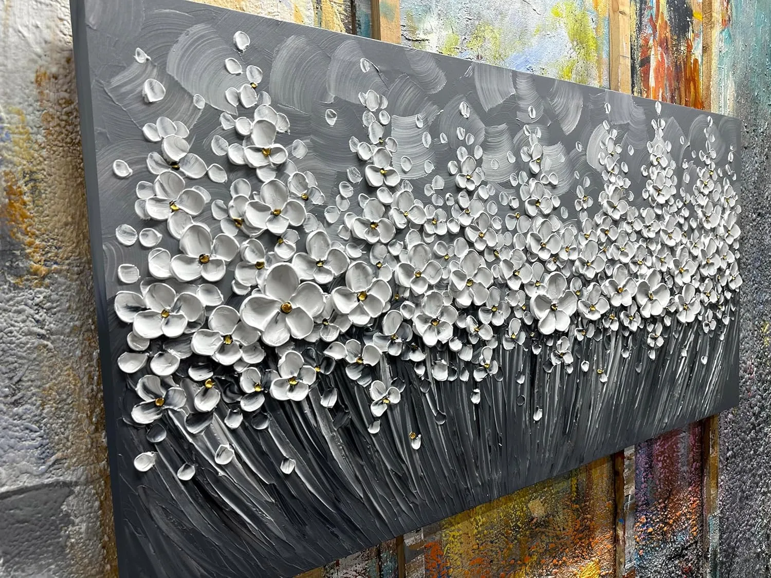 Yika Art Paintings - 24X48 Inch 3D White Flower Wall Art Abstract Textured Knife Platte Acrylic Painting on Canvas 3D Flowers Tree Paintings Ready to hang