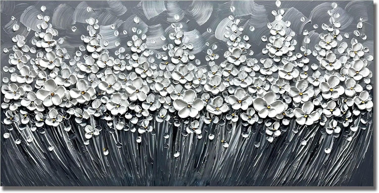 Yika Art Paintings - 24X48 Inch 3D White Flower Wall Art Abstract Textured Knife Platte Acrylic Painting on Canvas 3D Flowers Tree Paintings Ready to hang
