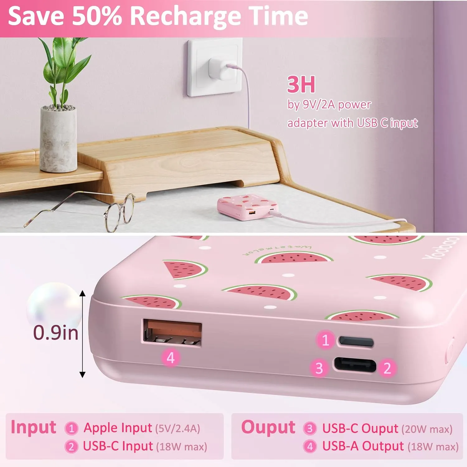 Yoobao Portable Charger, PD 20W USB-C in&Out Power Bank 10000mAh Super Fast Charging, Cute Stuff for Girls Kids Travel, Mini Phone Battery Pack for iPhone 14/13/iPad/Android/Samsung/LG (Watermelon)
