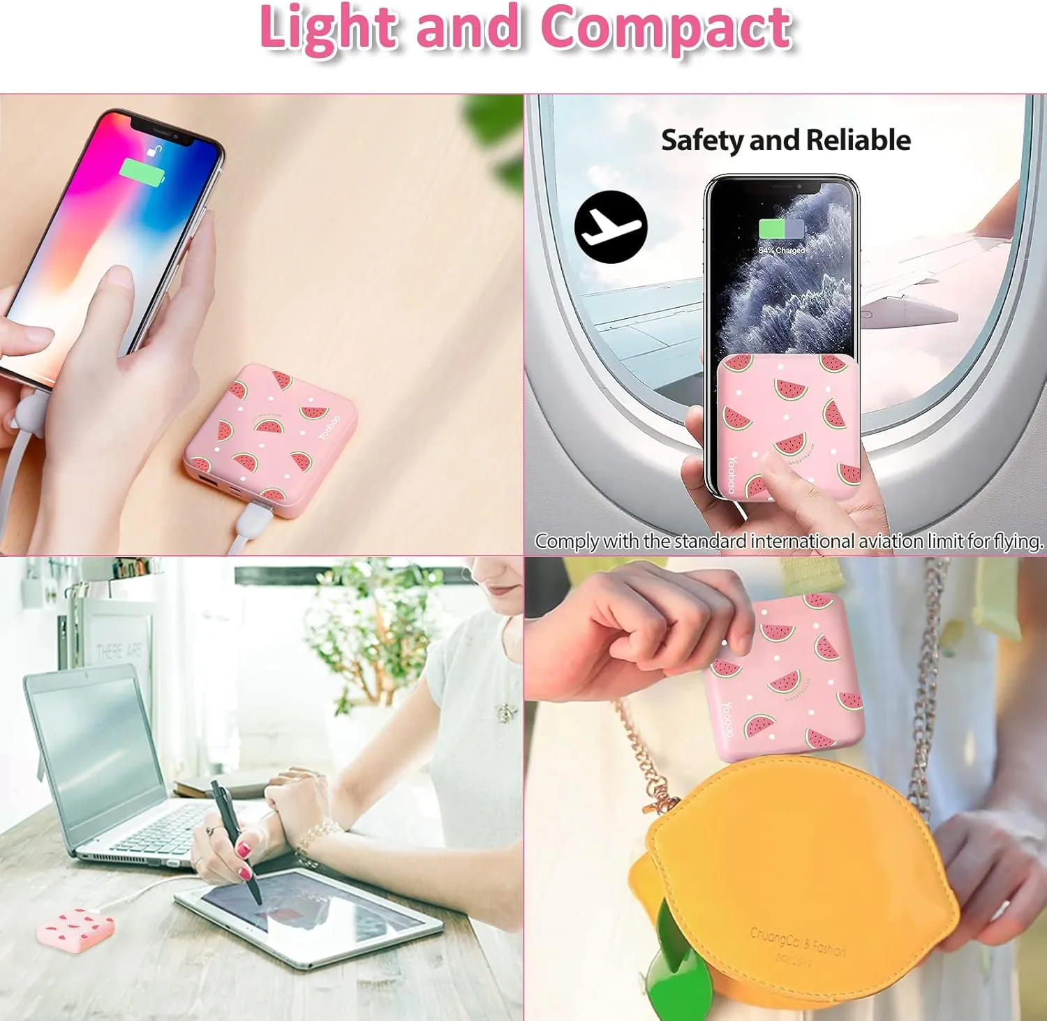 Yoobao Portable Charger, PD 20W USB-C in&Out Power Bank 10000mAh Super Fast Charging, Cute Stuff for Girls Kids Travel, Mini Phone Battery Pack for iPhone 14/13/iPad/Android/Samsung/LG (Watermelon)