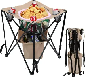 YOUNG WOOD Camping Table Folding Picnic Table with 4 Cup Holders, Cooler and Carrying Bags Collapsible Canvas Portable Tables Folding for Outdoors, Beach, Hiking and Tailgating, Khaki