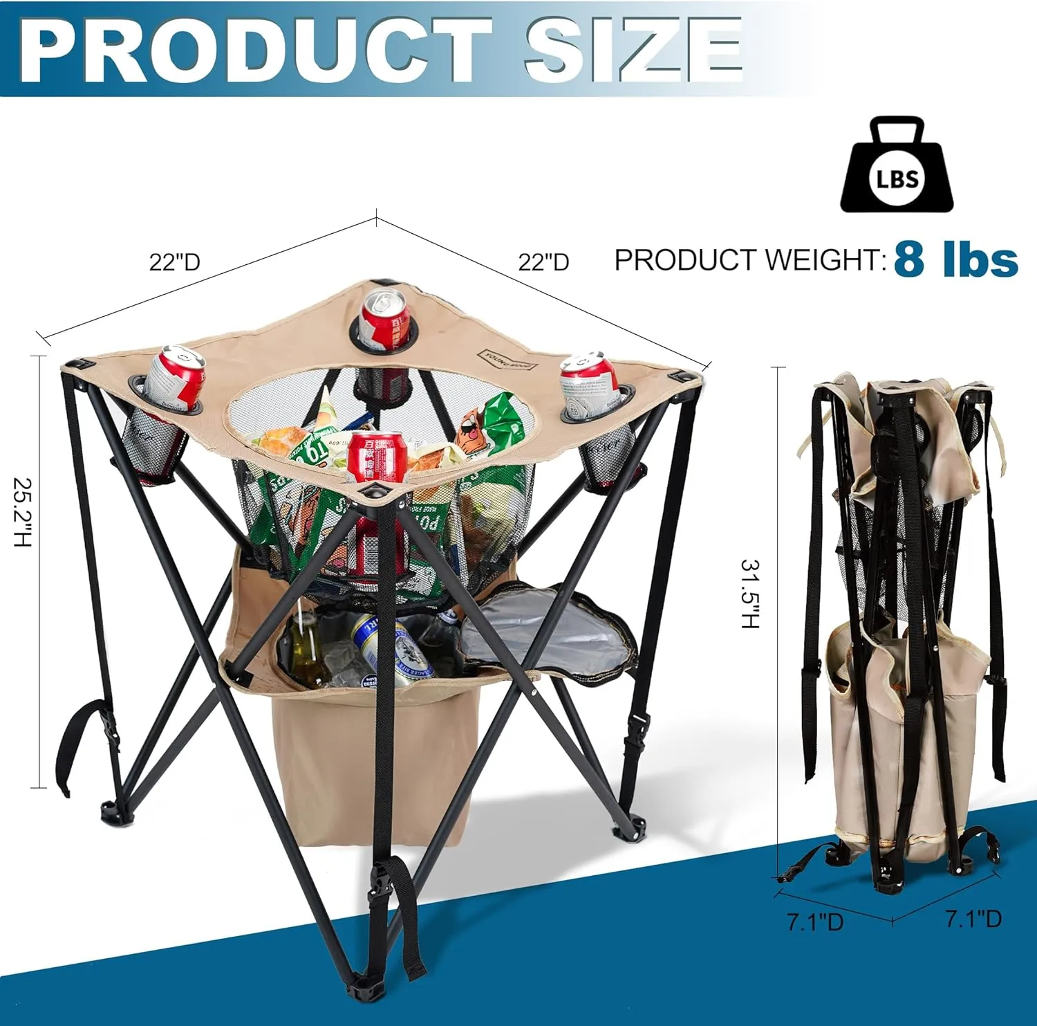 YOUNG WOOD Camping Table Folding Picnic Table with 4 Cup Holders, Cooler and Carrying Bags Collapsible Canvas Portable Tables Folding for Outdoors, Beach, Hiking and Tailgating, Khaki
