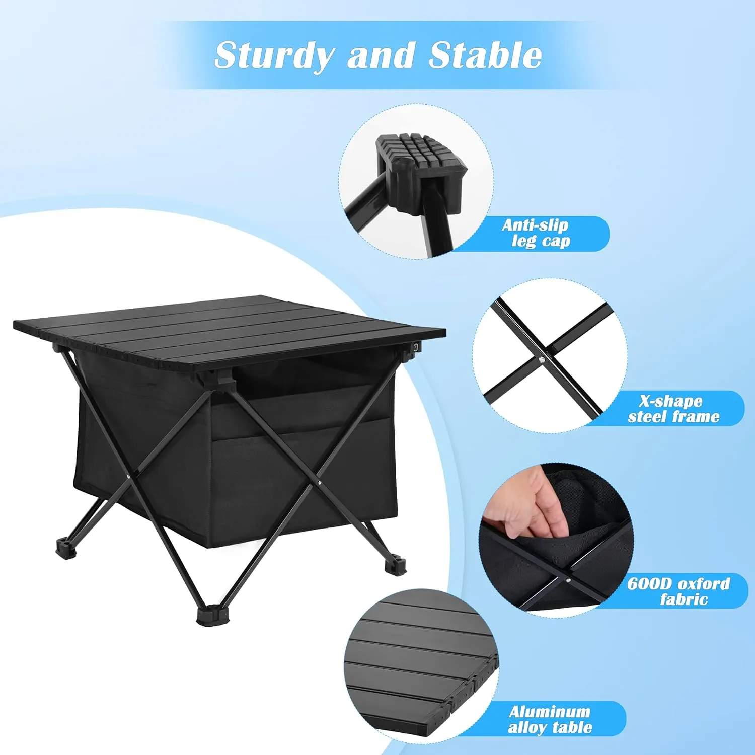 YSSOA Portable Folding Aluminum Alloy Camping Table with High-Capacity Storage and Carry Bag, Small Size, for Camping, Traveling, Hiking, Fishing, Beach, BBQ,Black