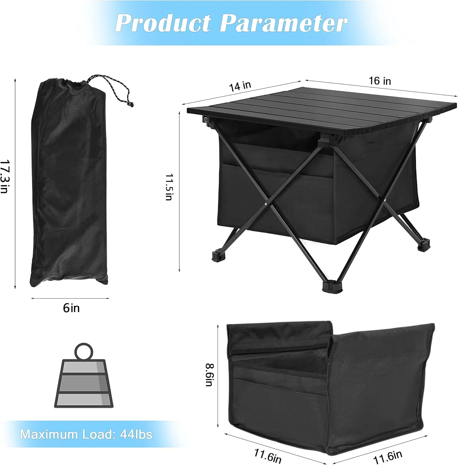 YSSOA Portable Folding Aluminum Alloy Camping Table with High-Capacity Storage and Carry Bag, Small Size, for Camping, Traveling, Hiking, Fishing, Beach, BBQ,Black