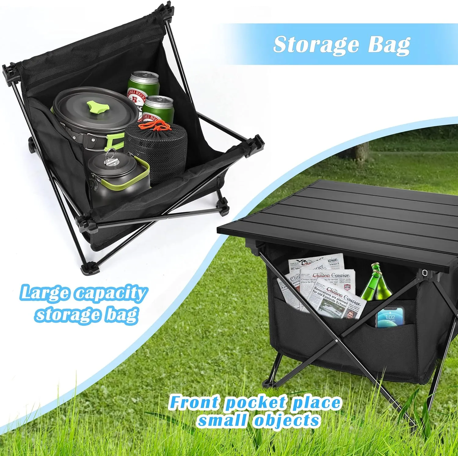 YSSOA Portable Folding Aluminum Alloy Camping Table with High-Capacity Storage and Carry Bag, Small Size, for Camping, Traveling, Hiking, Fishing, Beach, BBQ,Black