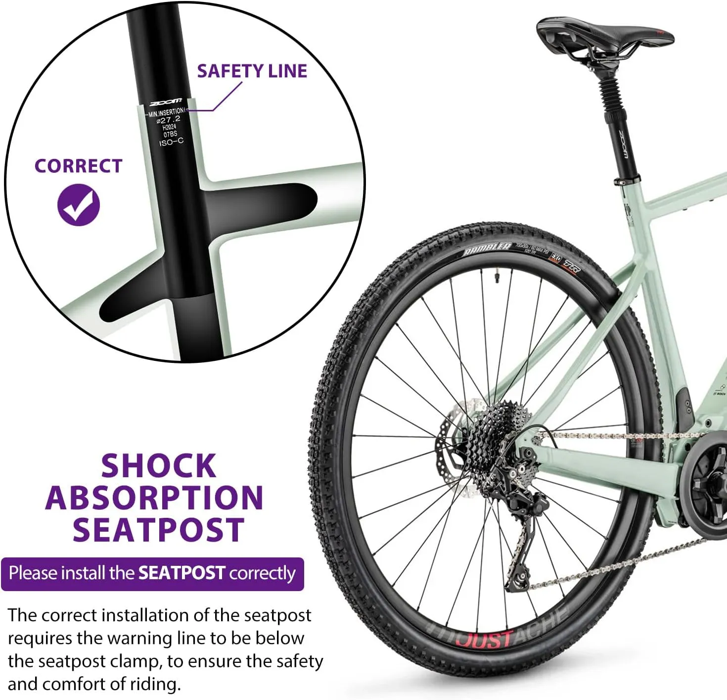 Zoom Bike Suspension Seatpost: 27.2 / 30.9 / 31.6 x 350 mm Shock Absorber Damper Bicycle Seat Post with Adjustable Clamp for E-Bike MTB BMX