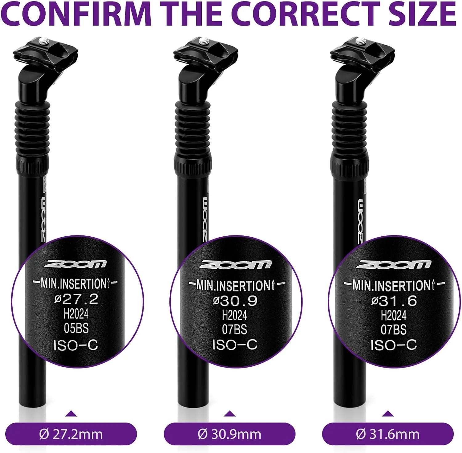 Zoom Bike Suspension Seatpost: 27.2 / 30.9 / 31.6 x 350 mm Shock Absorber Damper Bicycle Seat Post with Adjustable Clamp for E-Bike MTB BMX