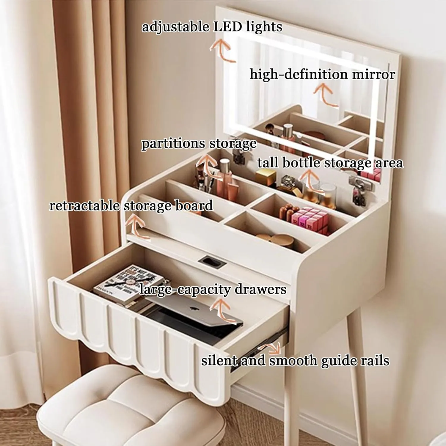 ZTGL Compact Makeup Vanity Desk Set with Flip Top Mirror, Makeup Vanity Table with Drawers, Dressing Table with Lights for Bedroom, Makeup Table with Chair Practical,A,50cm