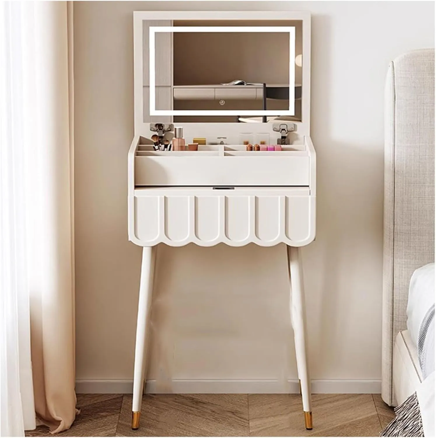 ZTGL Compact Makeup Vanity Desk Set with Flip Top Mirror, Makeup Vanity Table with Drawers, Dressing Table with Lights for Bedroom, Makeup Table with Chair Practical,A,50cm