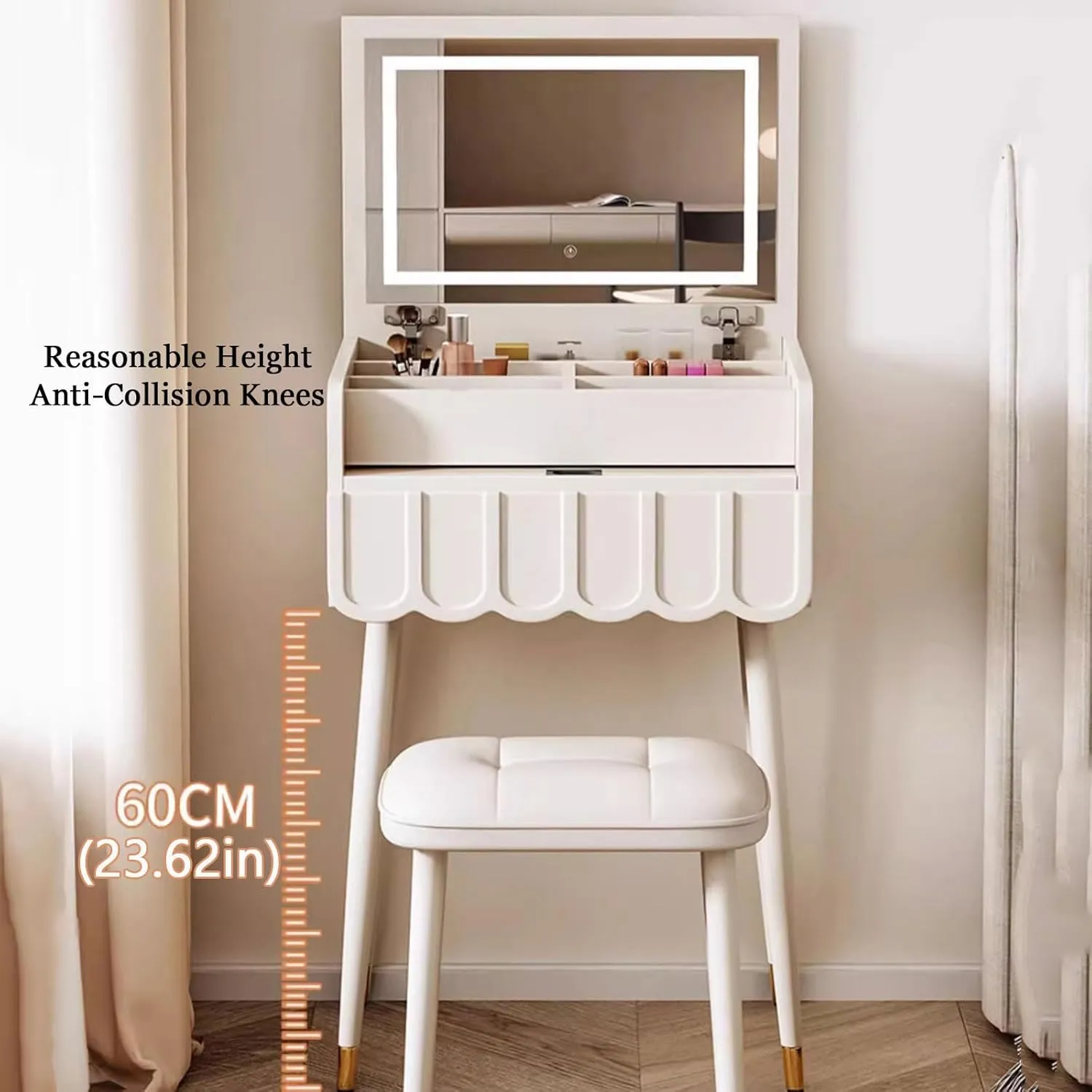 ZTGL Compact Makeup Vanity Desk Set with Flip Top Mirror, Makeup Vanity Table with Drawers, Dressing Table with Lights for Bedroom, Makeup Table with Chair Practical,A,50cm