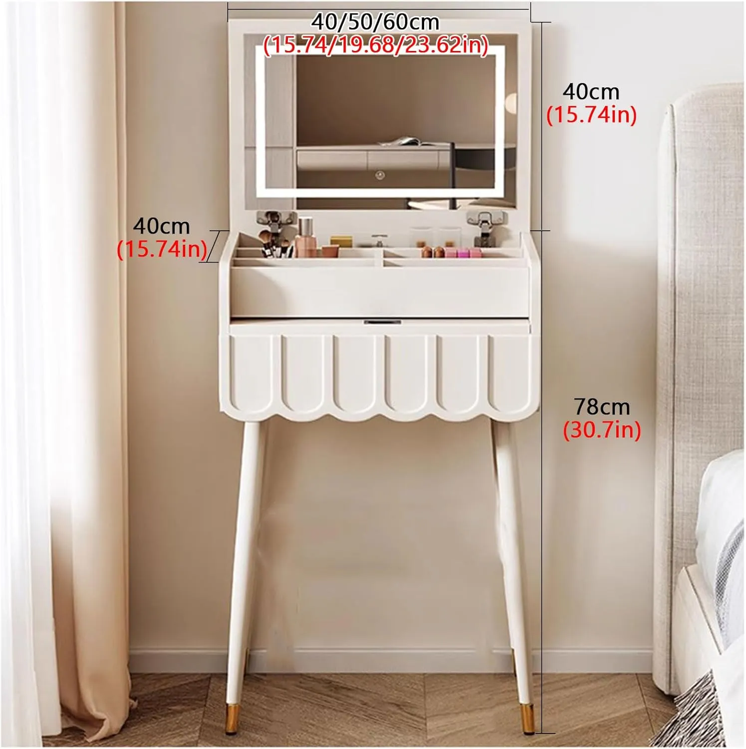 ZTGL Compact Makeup Vanity Desk Set with Flip Top Mirror, Makeup Vanity Table with Drawers, Dressing Table with Lights for Bedroom, Makeup Table with Chair Practical,A,50cm